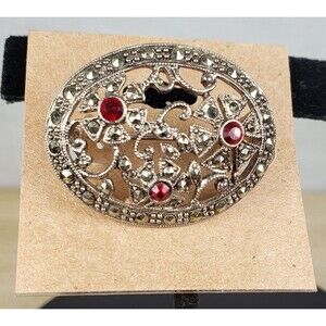 Antique 1930s Art Deco Art Deco Marcasite Red Glass Filigree Open Work Brooch